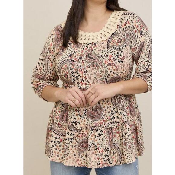Torrid Womens Clip Dot Crinkle Top 3X‎ Crochet Neck Boho Paisley Floral Hippy - Picture 1 of 15